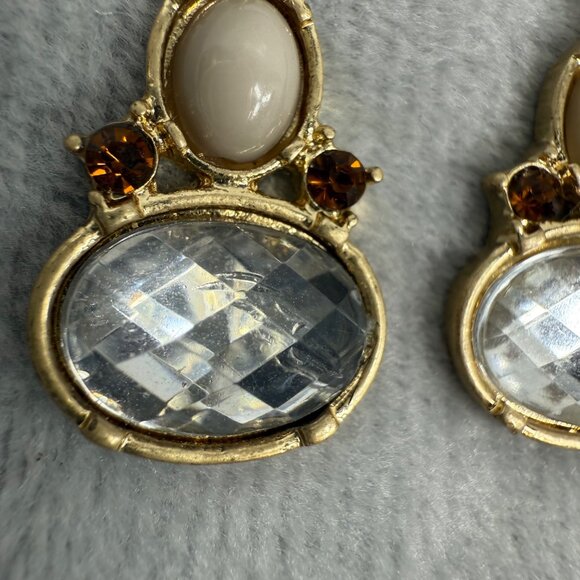 Gold-Tone Dangle Earrings With Faceted Clear & Cream Stones Pierced Womens - Picture 11 of 13